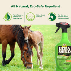 Absorbine UltraShield Green spray action demonstrates quick, water-based protection for horses and dogs