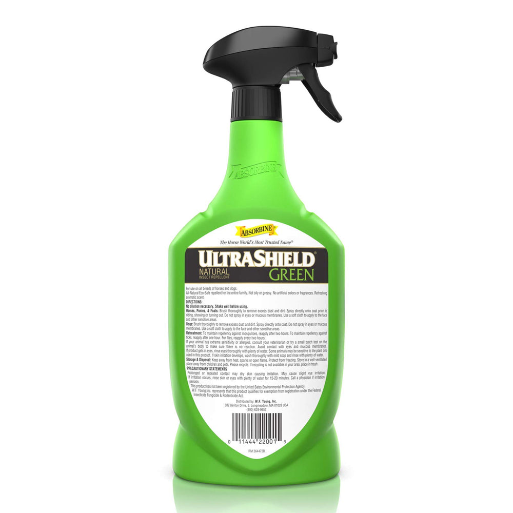 Absorbine UltraShield Green dog application shows safe spraying around pets