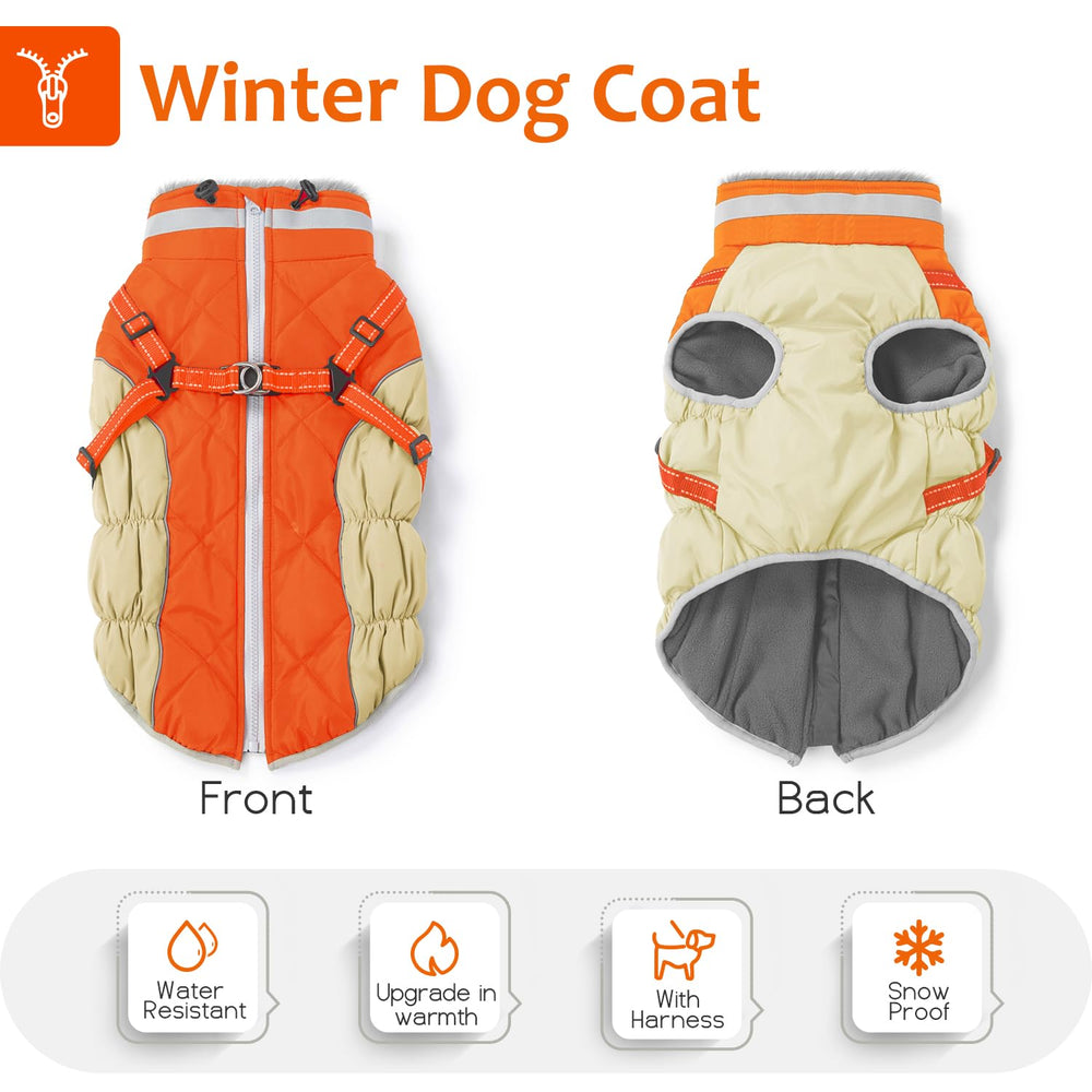 Abuandi dog winter coat orange color for high visibility on walks.