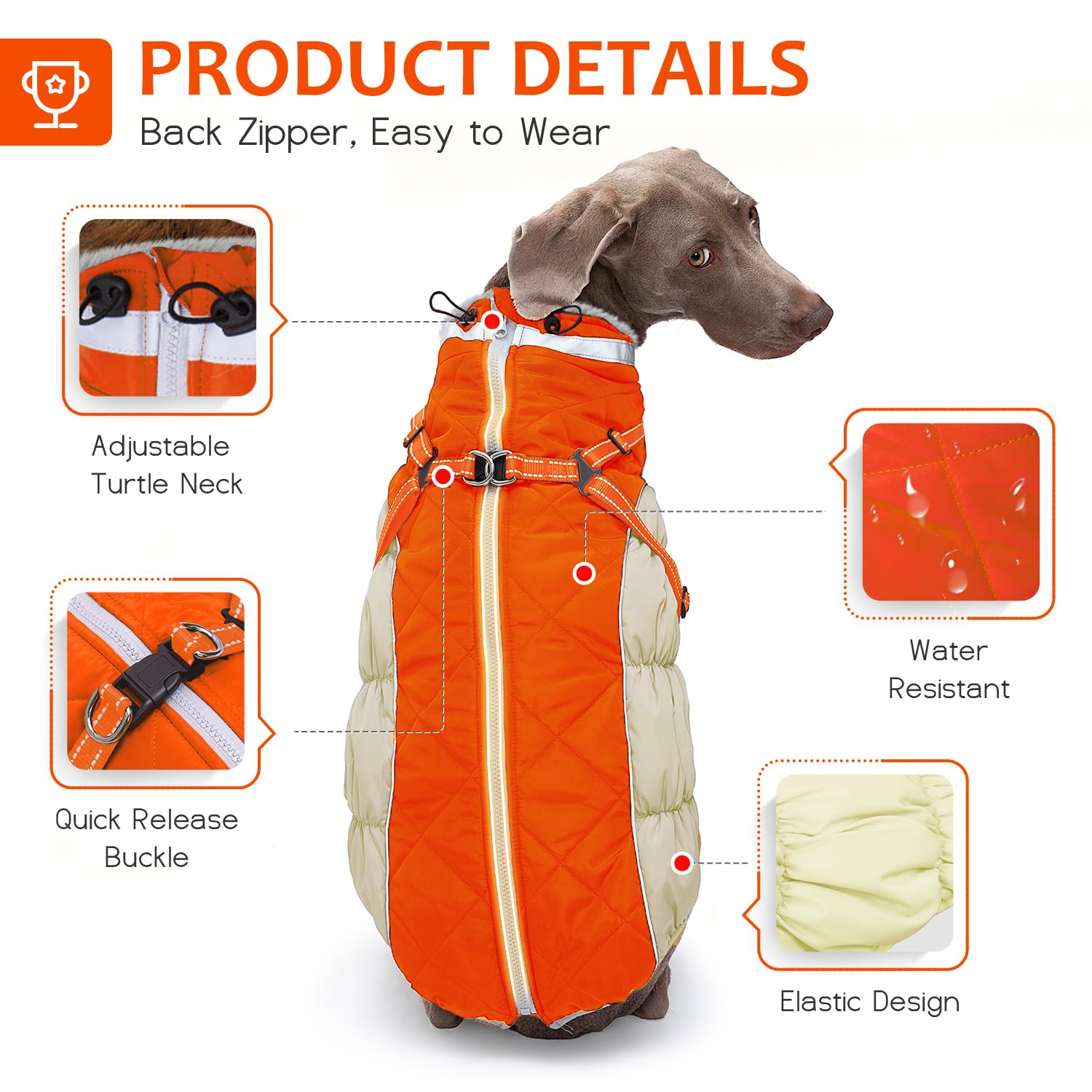 Abuandi dog winter coat reflective trim enhancing nighttime visibility.