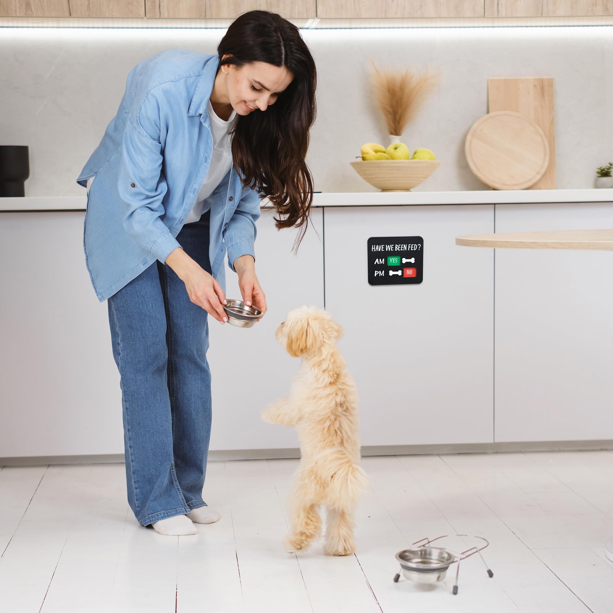 Abudada wall-mount option keeps reminders within reach near bowls.