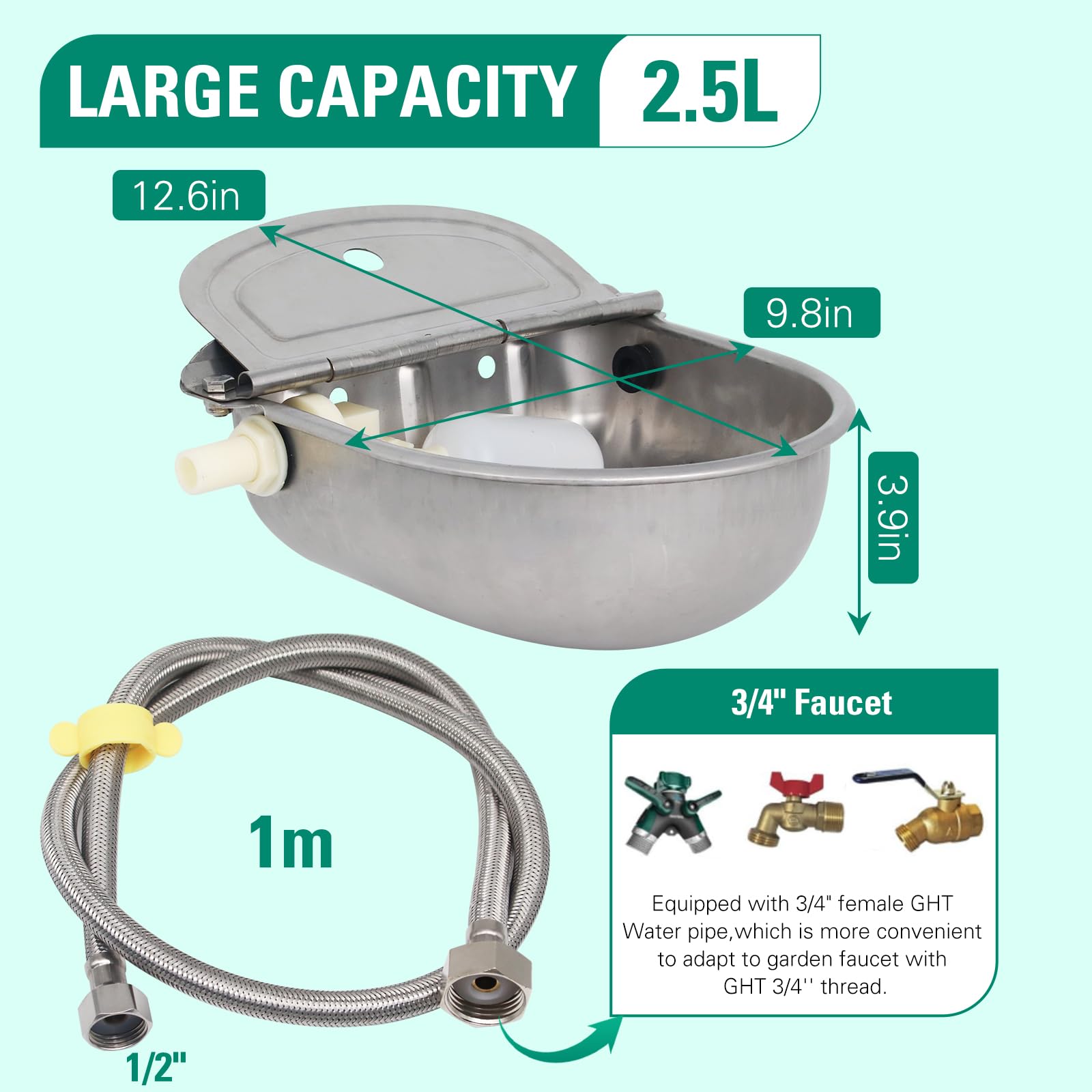 Abustle pig waterer in 304 stainless steel highlights rust resistance and easy cleaning.