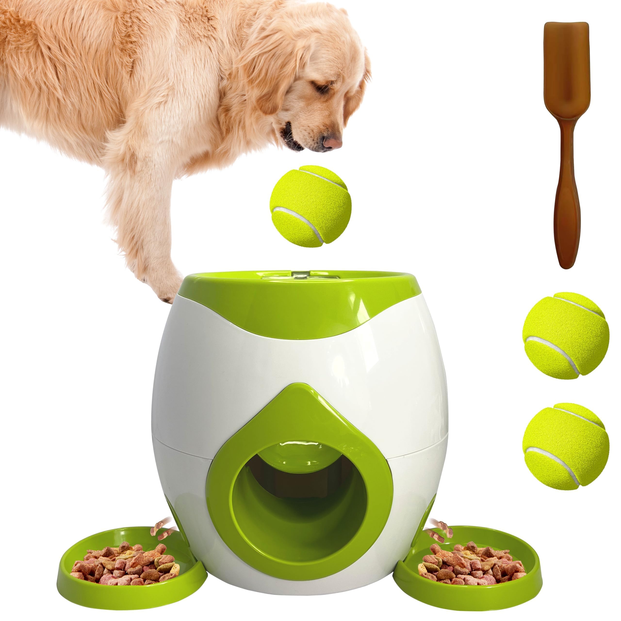 ABUUL ABULL interactive dog puzzle toy showing drop-ball action and treat reward.