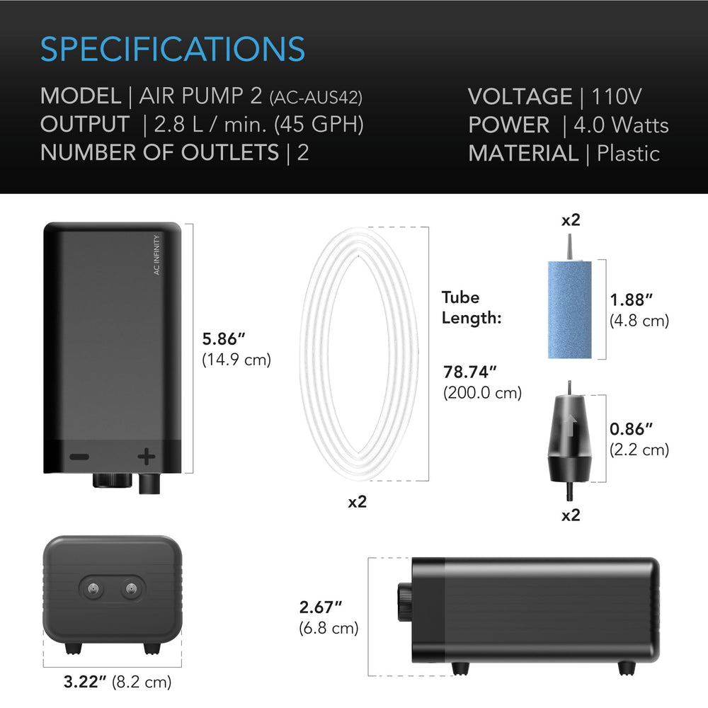 AC Infinity Air Pump 45GPH aquaponics arrangement illustrates versatile use across systems.
