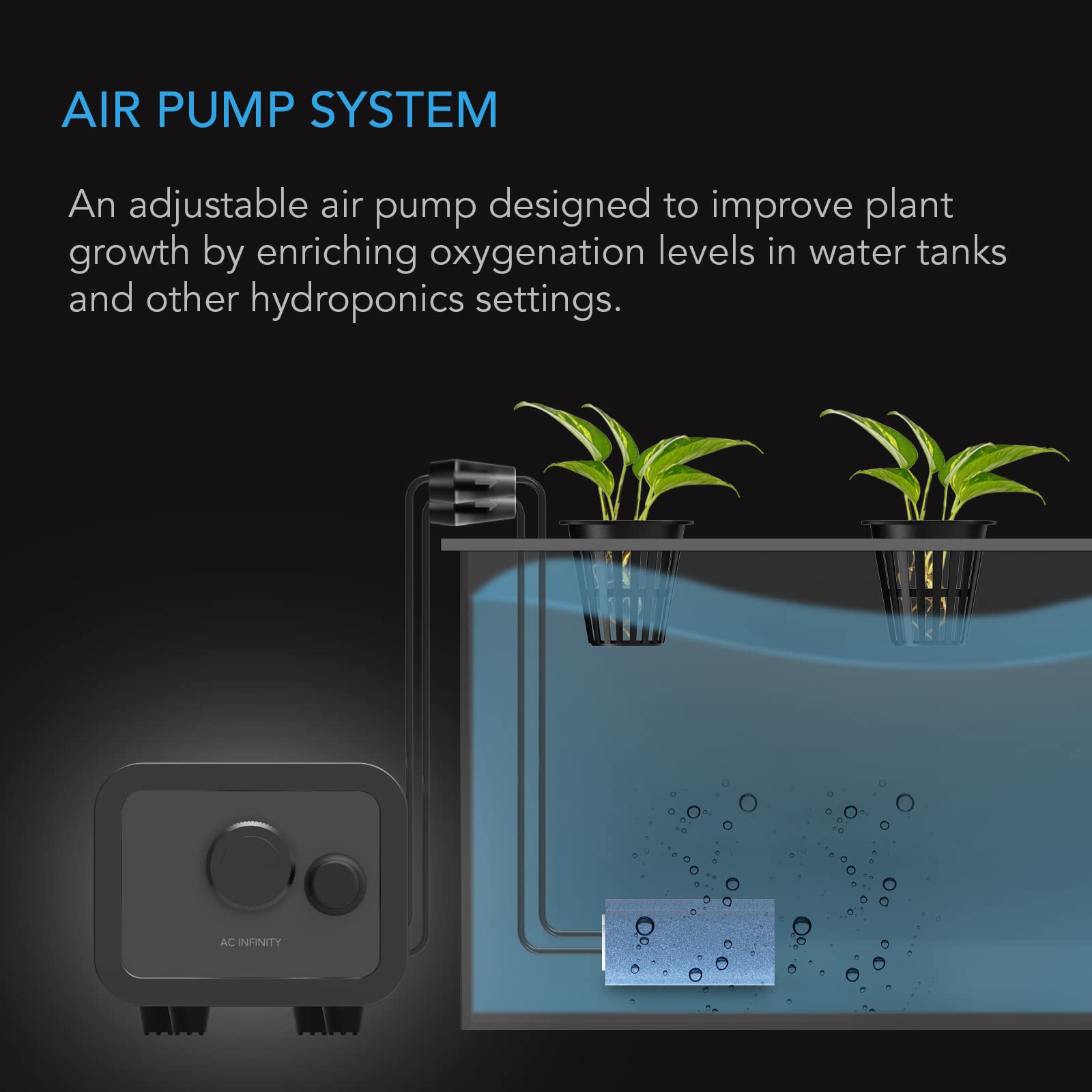 AC Infinity Air Pump 45GPH dial-adjustment demonstrates precise airflow control for customizable oxygenation.
