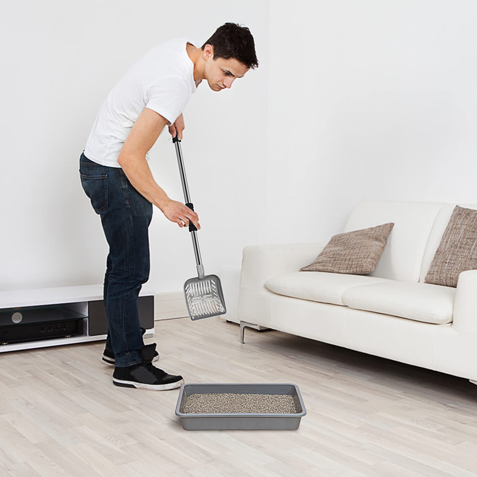 Acalu 32-inch cat litter scoop extends reach for back-friendly cleaning