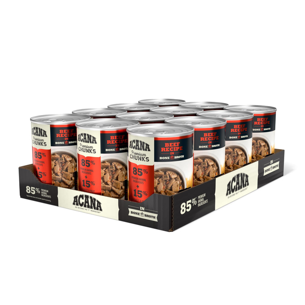 ACANA Premium Chunks Beef in Bone Broth can—tender beef chunks boost hydration.