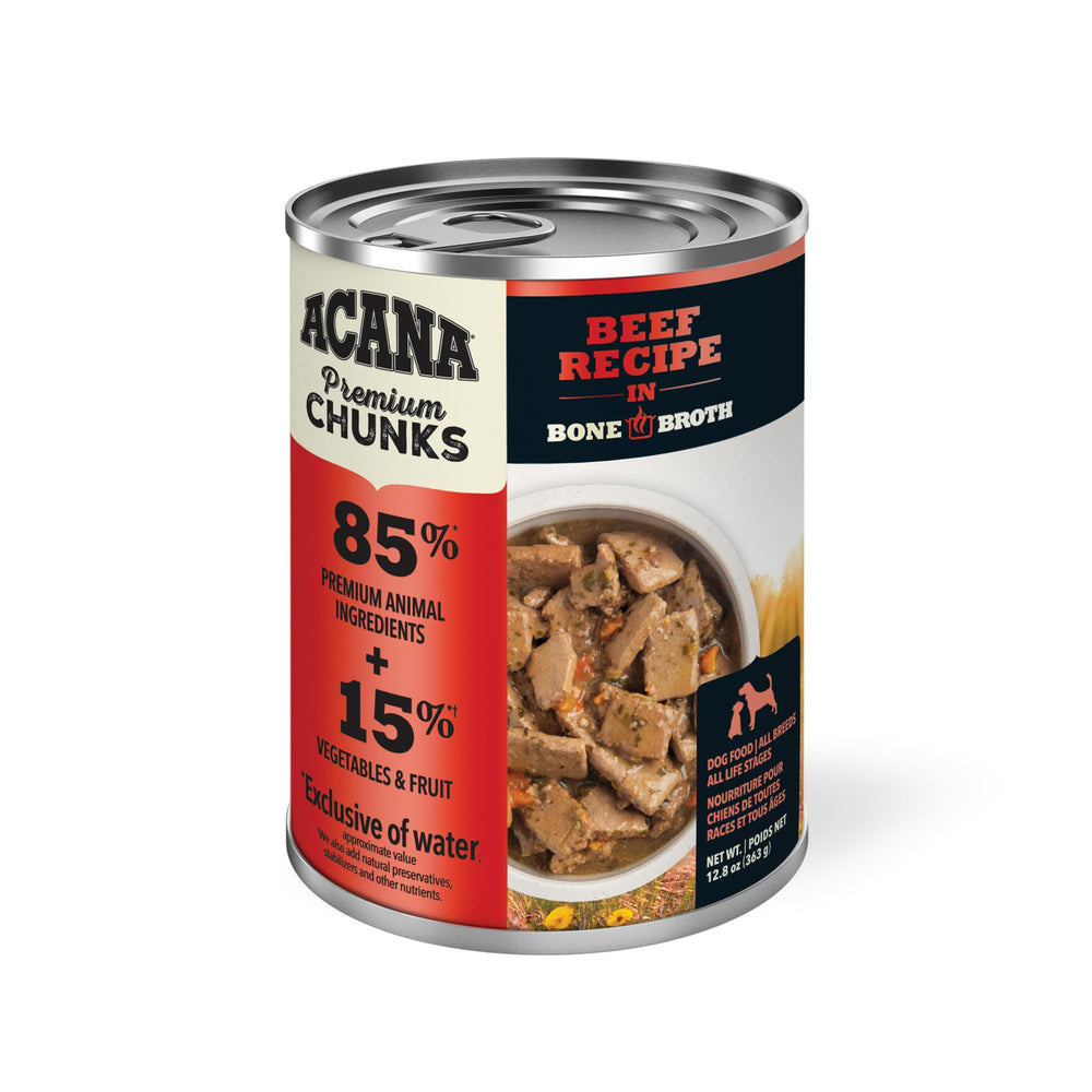 ACANA Premium Chunks Beef in Bone Broth can—grain-free formula with moisture-rich texture.