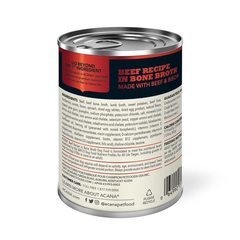 ACANA bone broth wet food—soft, easy-to-chew beef chunks for dogs.