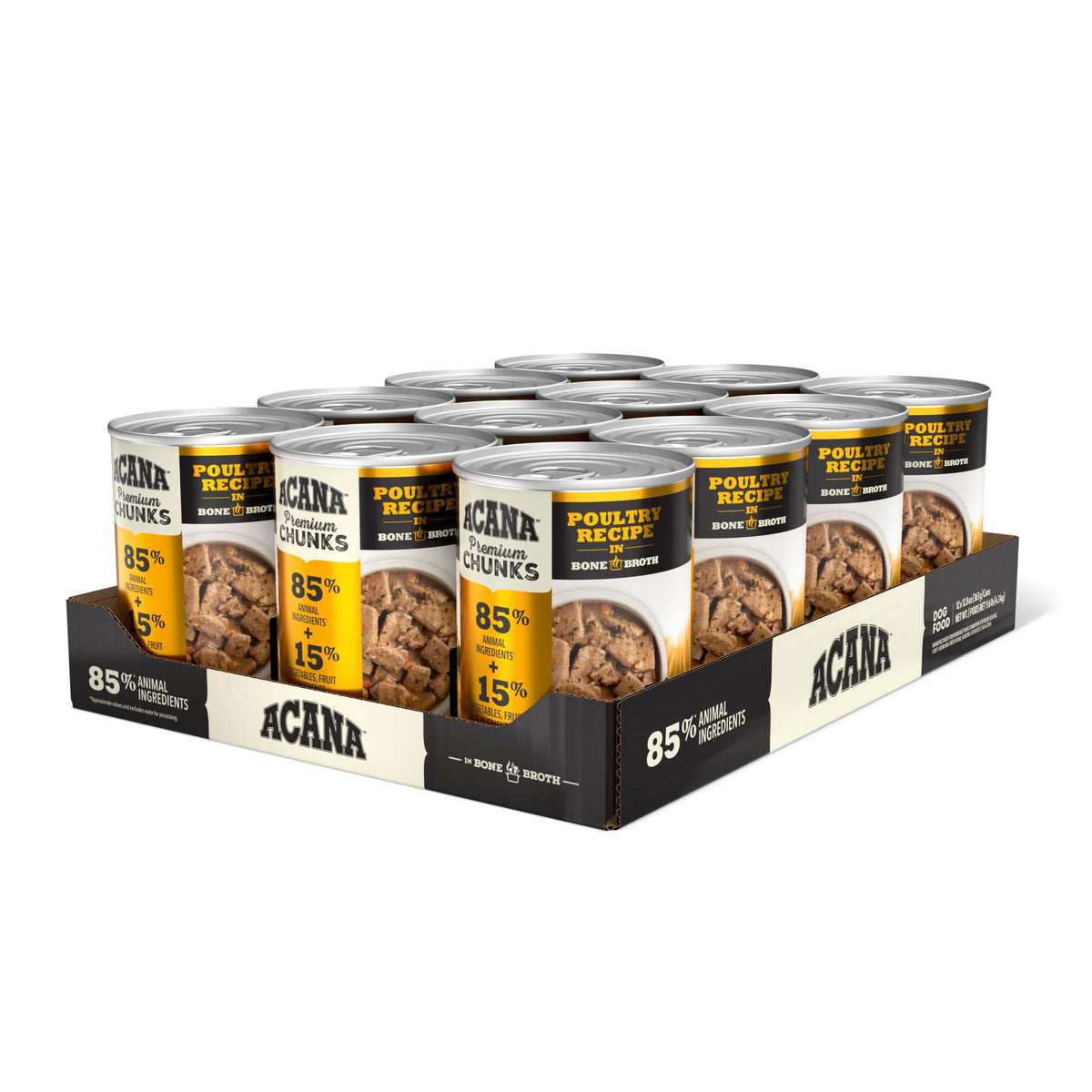 ACANA Premium Chunks bone broth can — high-protein nourishment with hydrating moisture.