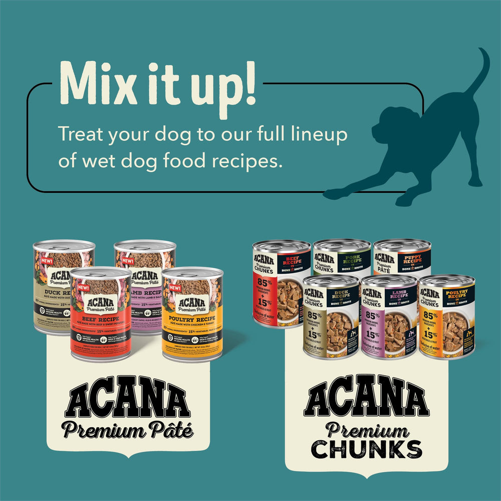 ACANA Premium Chunks Duck Recipe 12.8 oz cans pack for convenient portioning.