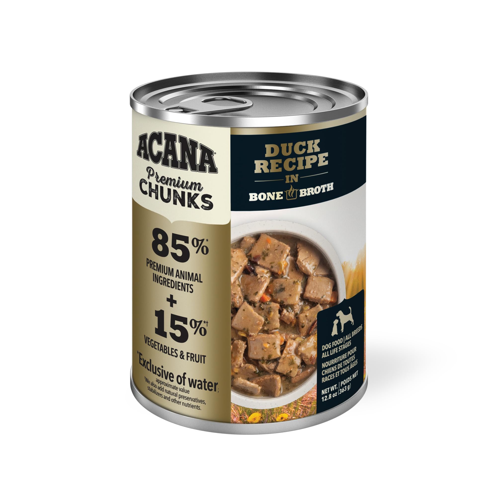 ACANA Premium Chunks Duck Recipe duck chunks in bone broth highlight easy chewing.