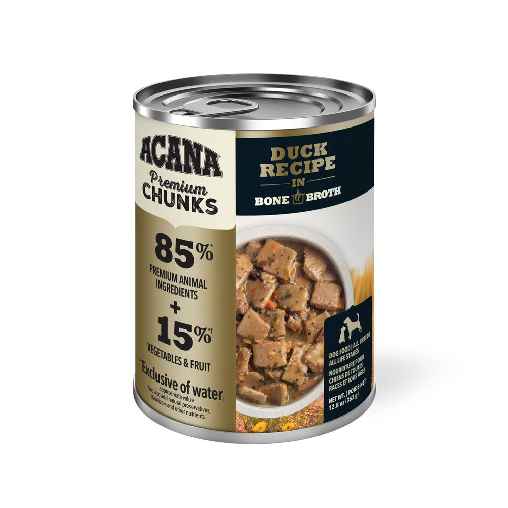 ACANA Premium Chunks Duck Recipe duck chunks in bone broth highlight easy chewing.
