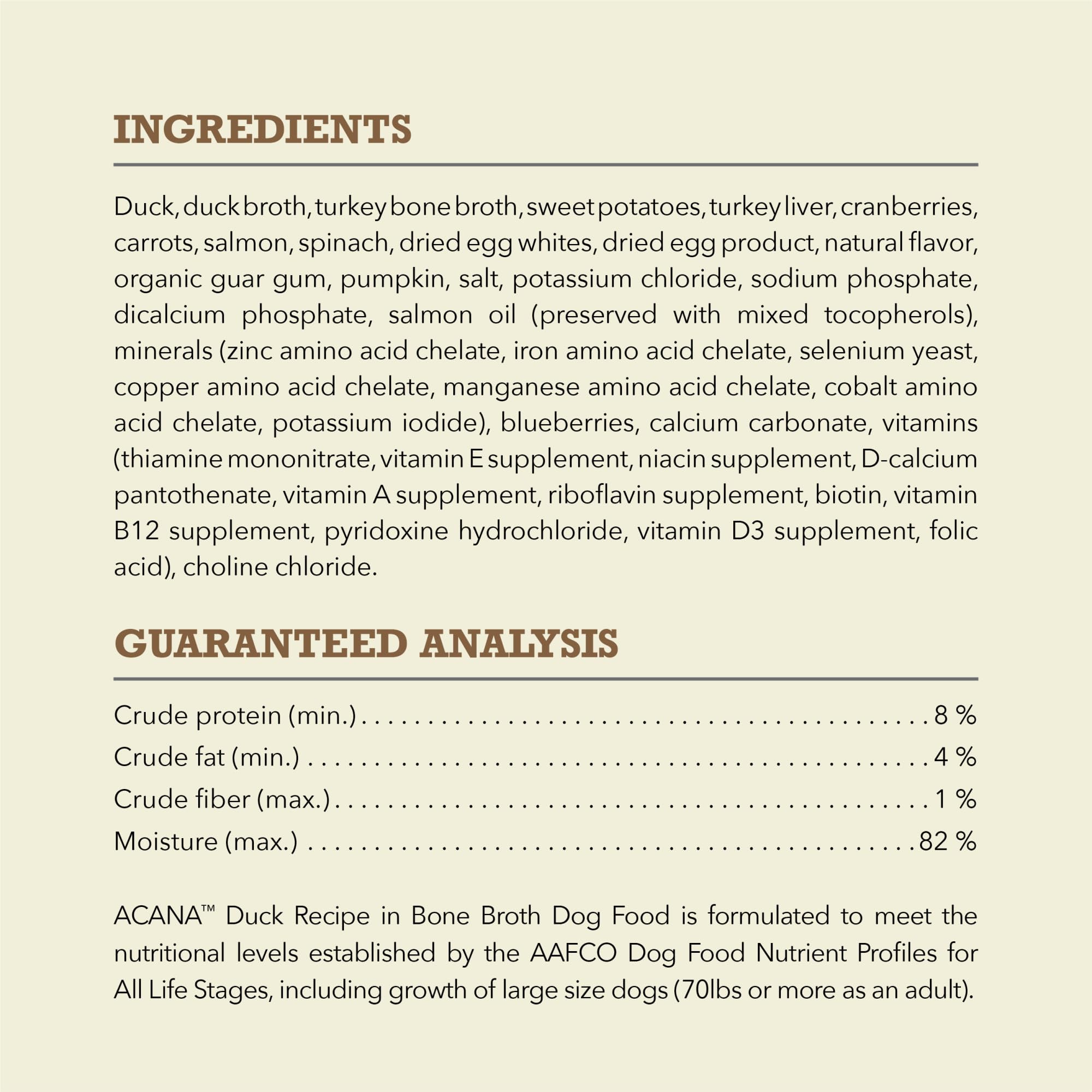 ACANA Premium Chunks Duck Recipe nutrition label close-up details protein and minerals.