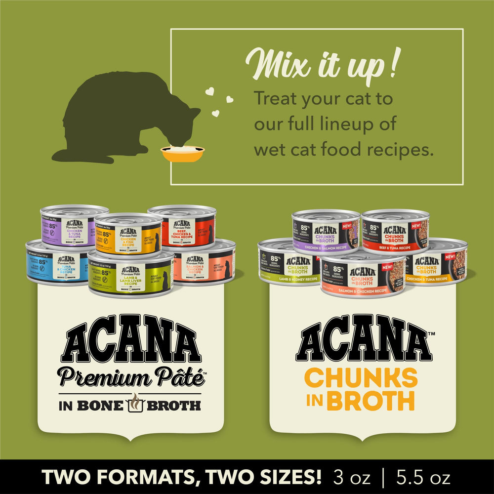 Cat enjoys ACANA Premium Pate in bone broth from a bowl