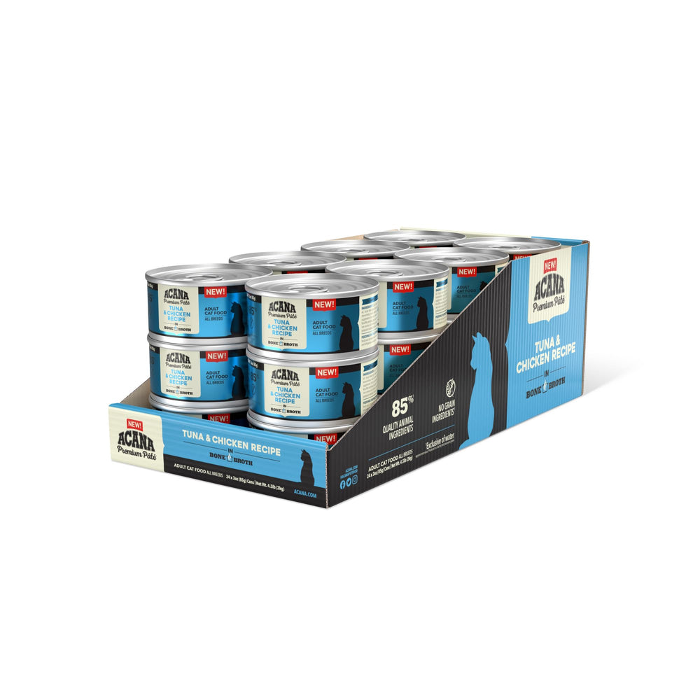 ACANA Premium Pate tuna-chicken in bone broth cans stacked for protein-rich feeding option