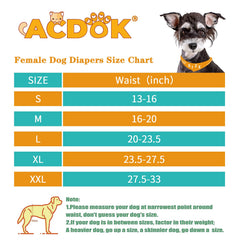 ACDOK washable female dog diapers with adjustable hook-and-loop closures provide secure fit
