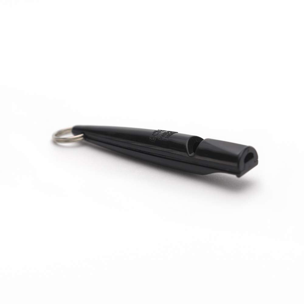 ACME 211-5 black dog training whistle angled view for precise cue signals.