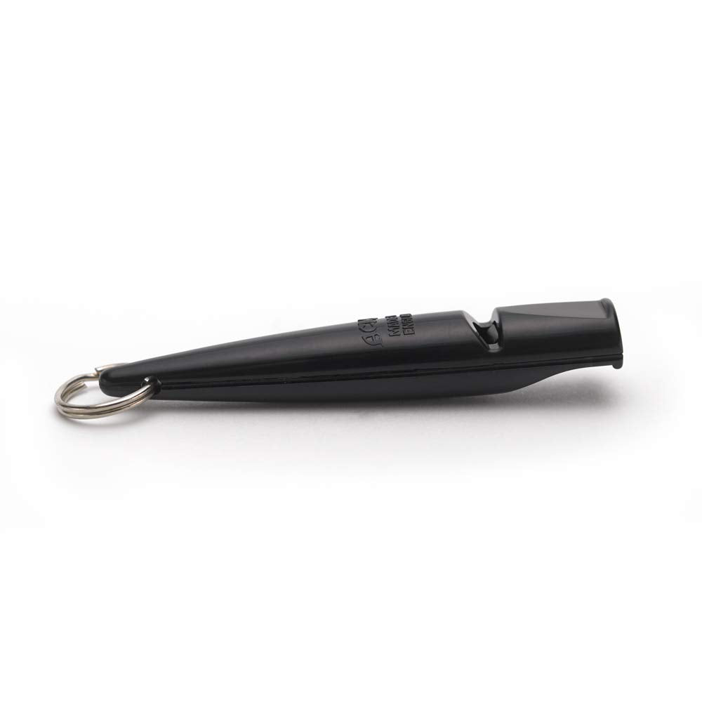 ACME 211-5 black dog training whistle closeup highlights solid tone clarity.