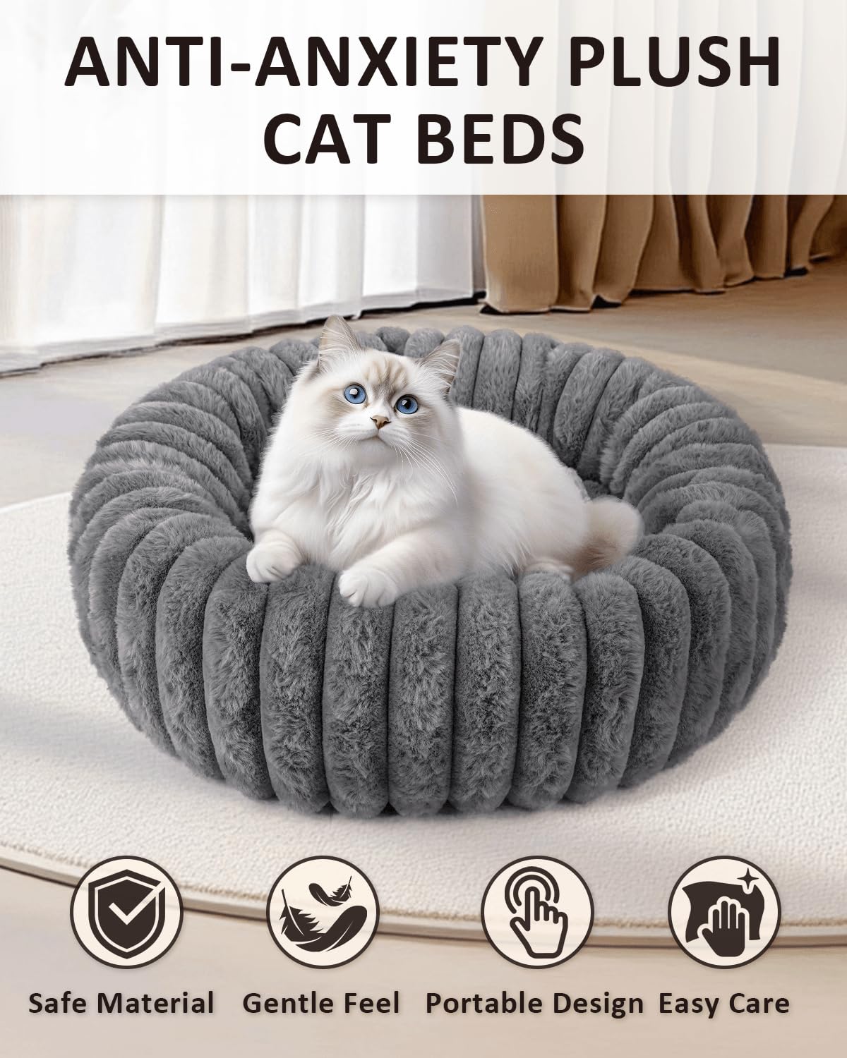 Acools cat bed plush faux fur close-up shows soft texture for comfort.