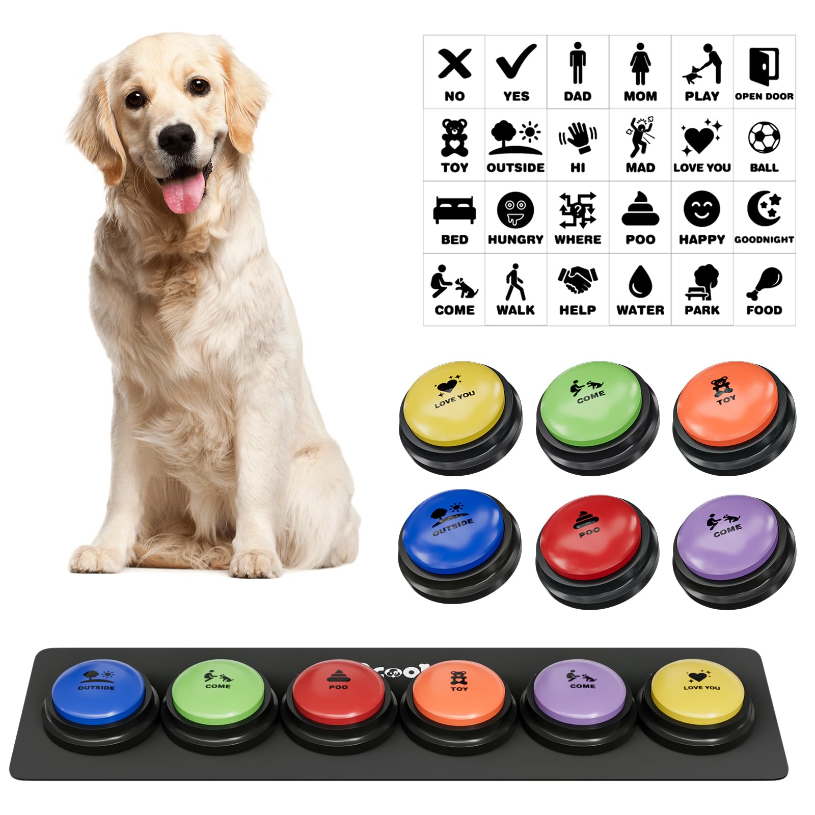 Acools dog-buttons-6-buttons-pack in bright colors supports simple pet communication training.