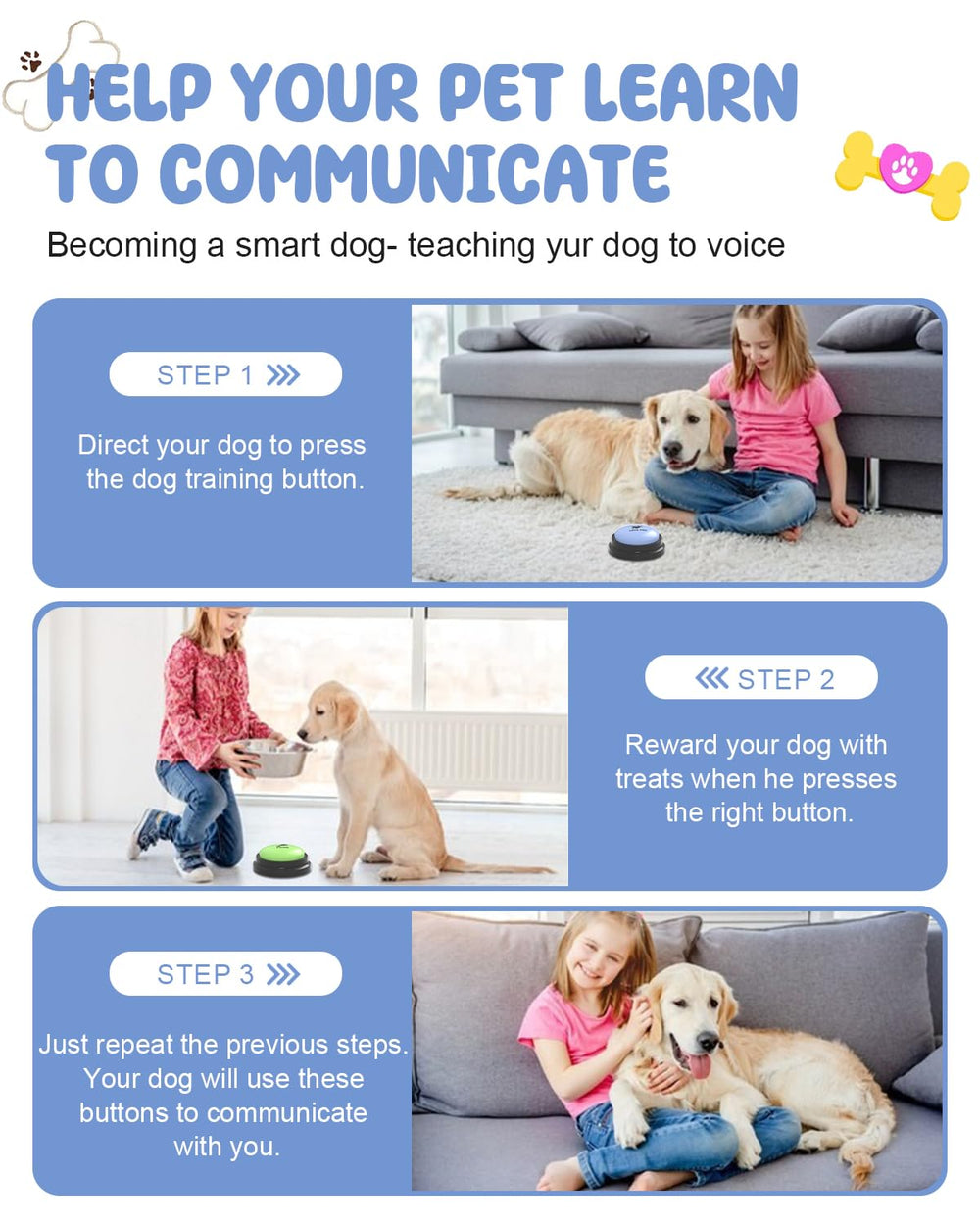 Acools durable ABS plastic buttons withstand active pets during sessions.