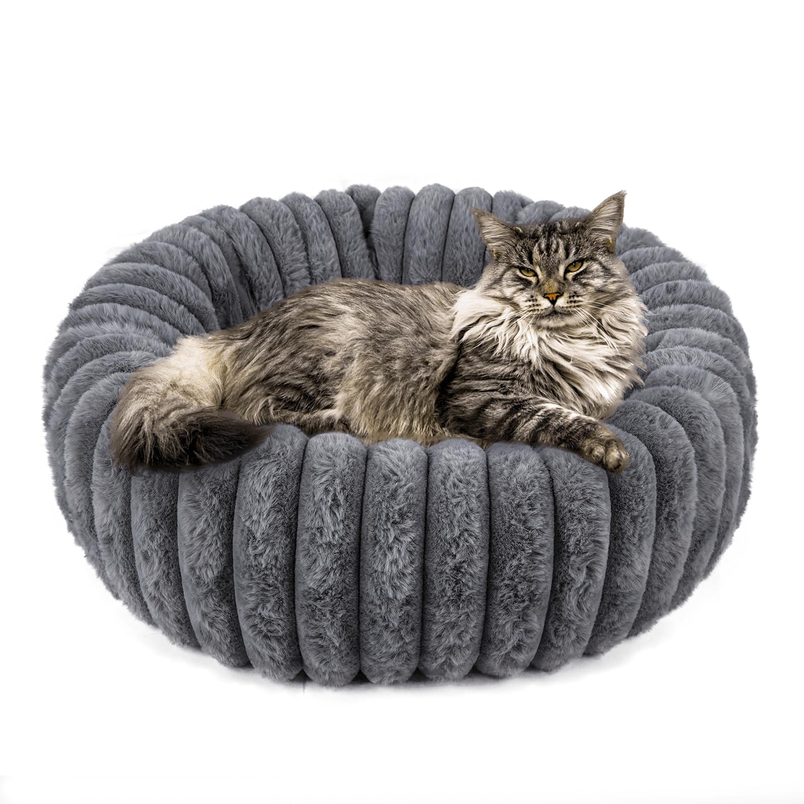 Acools round cat bed gray donut top offers cozy lounging.