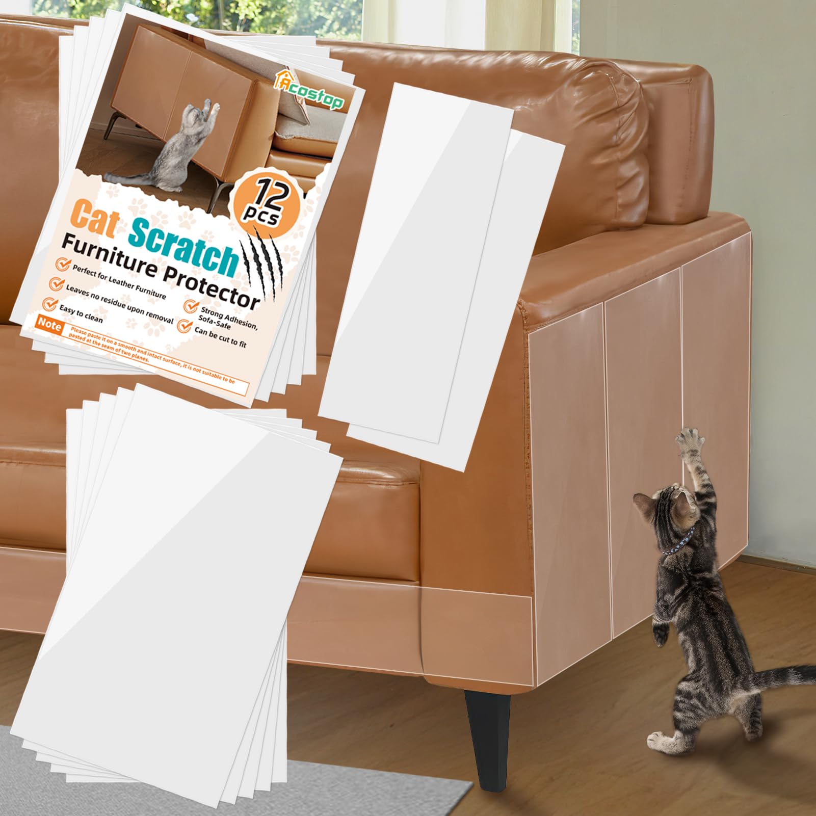 Acostop cat scratch protector on sofa back showing durable, residue-free protection