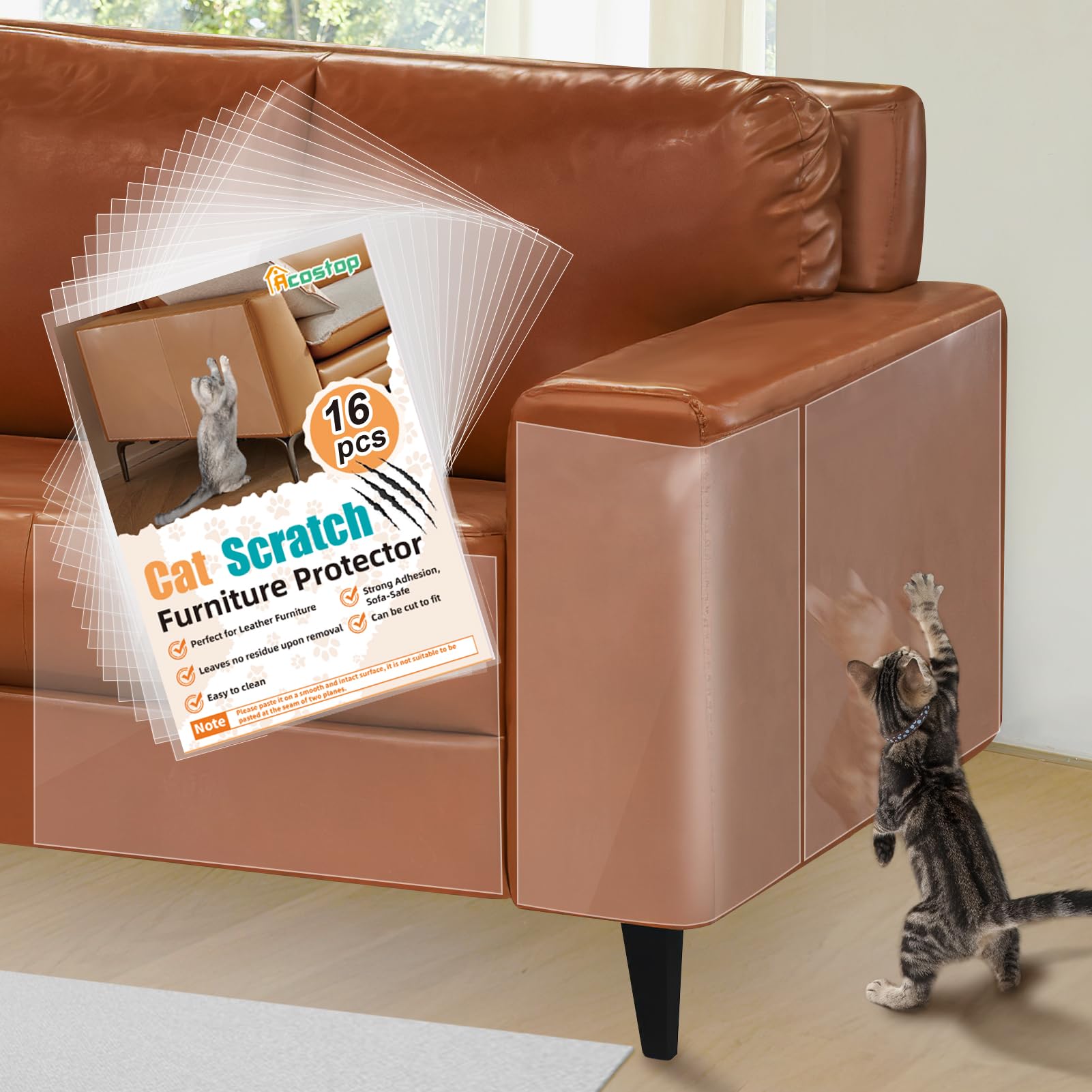 Acostop cat scratch protector on leather furniture with adhesive-back for residue-free removal.