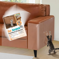 Acostop cat scratch protector on leather furniture with adhesive-back for residue-free removal.