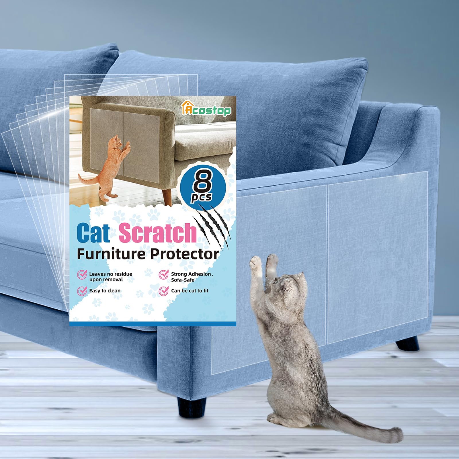 Acostop cat scratch protector on fabric sofa showing unobtrusive coverage and protection.