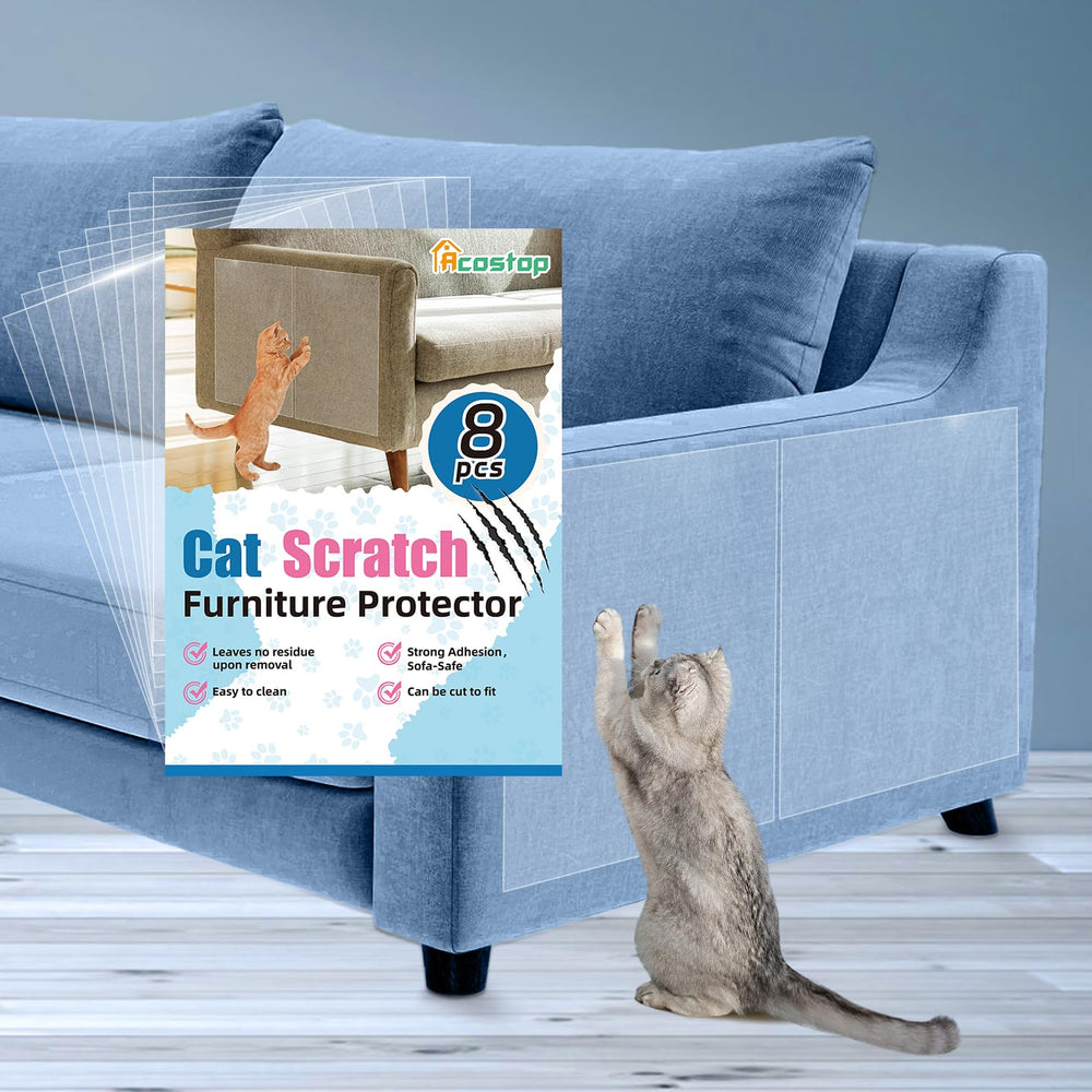 Acostop cat scratch protector on fabric sofa showing unobtrusive coverage and protection.