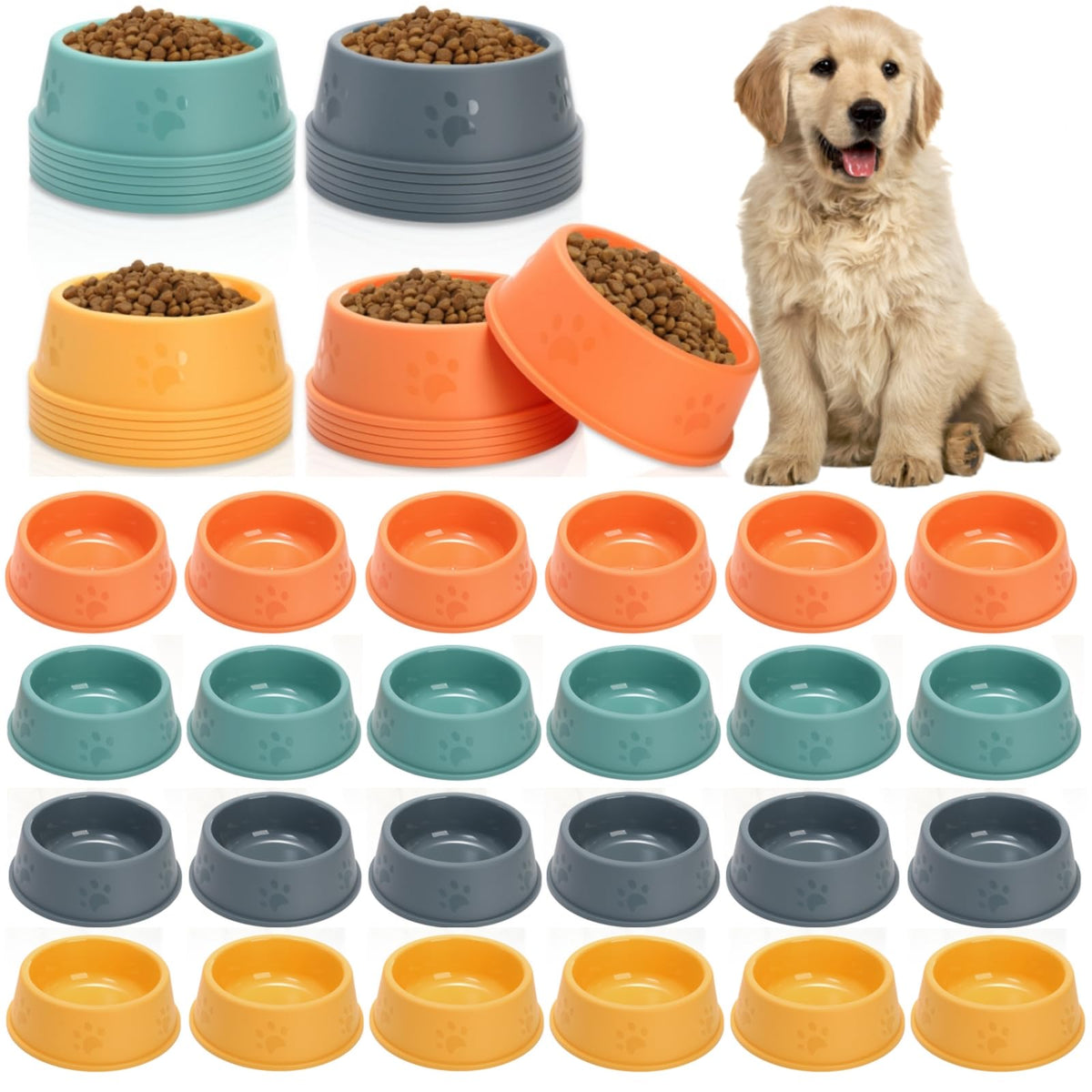 Acshio 24-pack dog bowls with paw print for parties and daily feeding