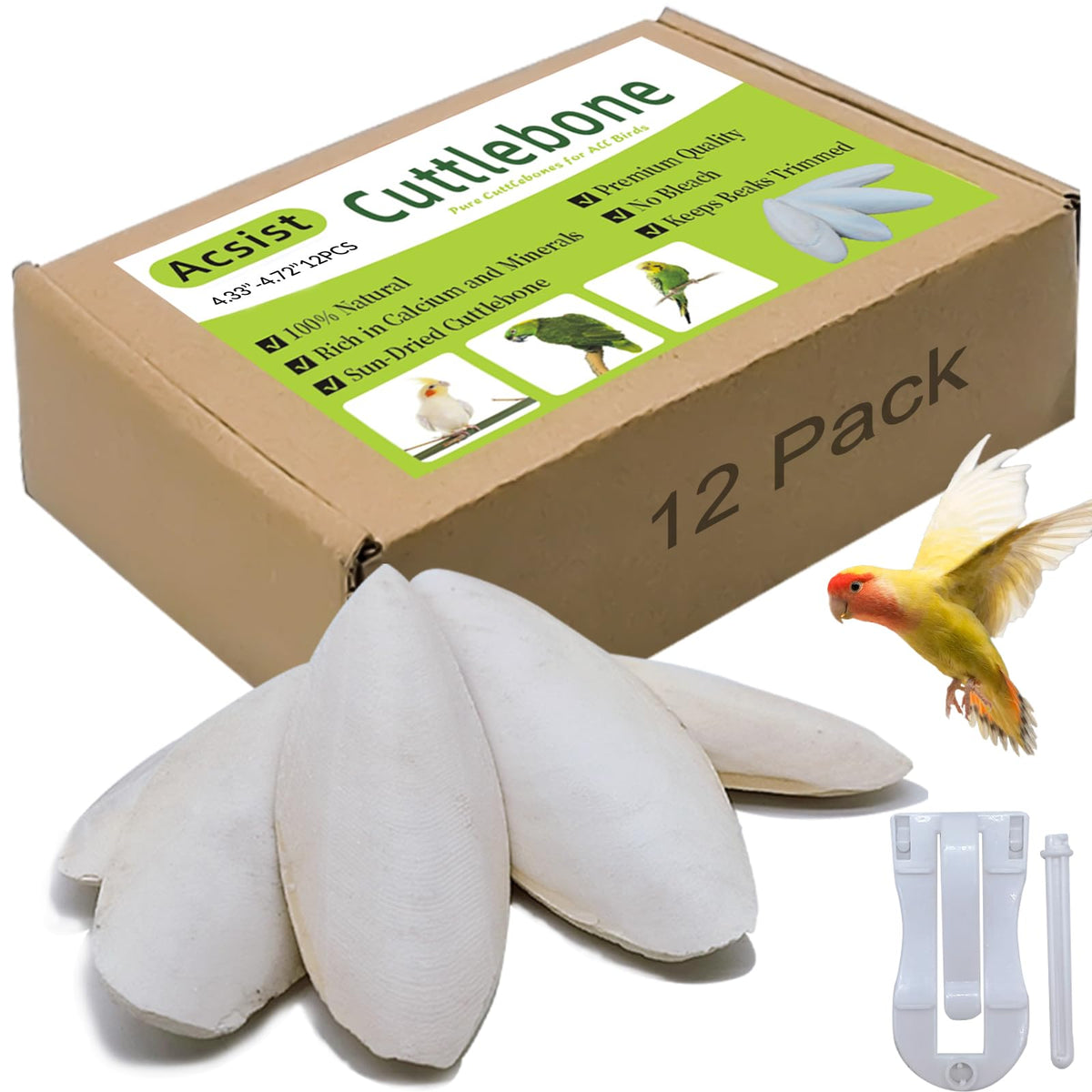 Acsist 12-pcs cuttlebone pack provides daily calcium for healthy bones.