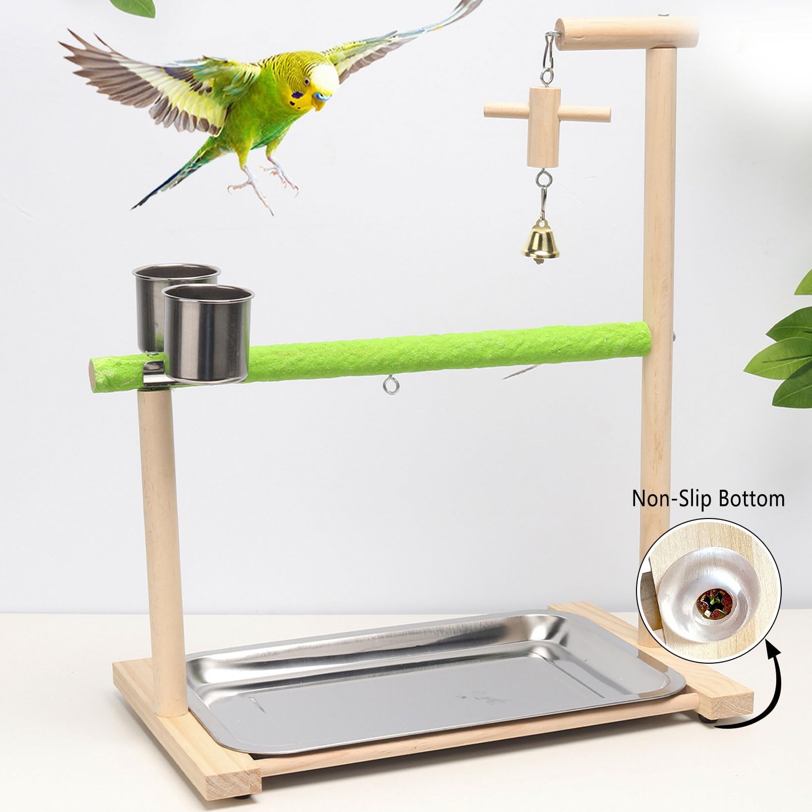 Acsist Bird Playstand removable tray simplifies post-play cleanup.