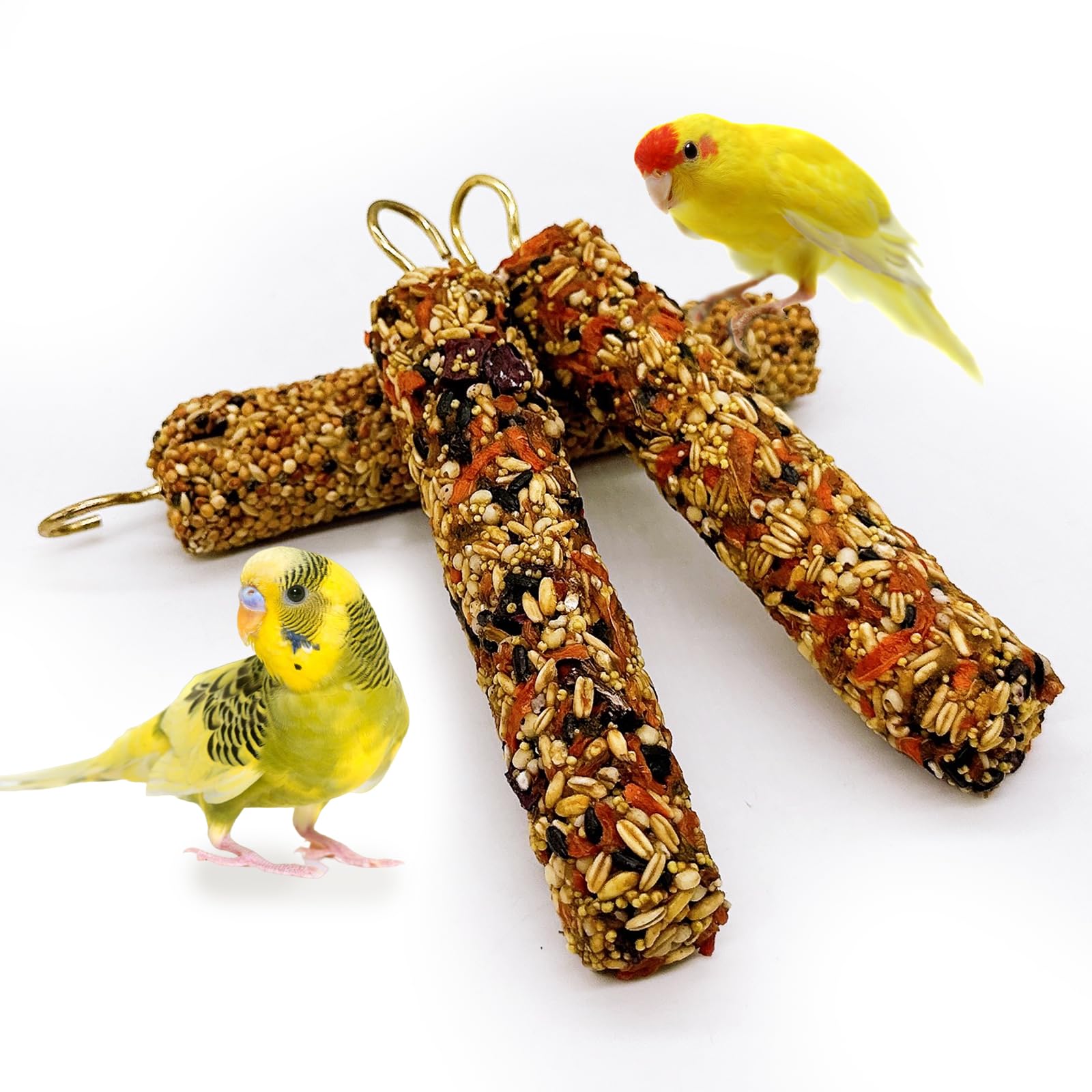Acsist parakeet treat sticks grain-style hanging in cage for natural chewing and enrichment