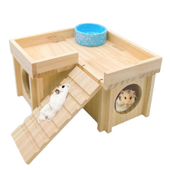 Acsist wooden hamster hideout with ladder; cozy hidden retreat for small pets.