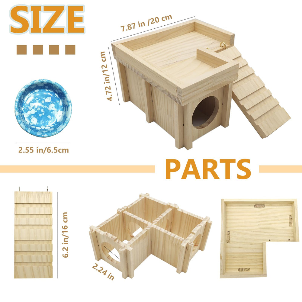 Acsist wooden hamster house side view; compact and versatile.