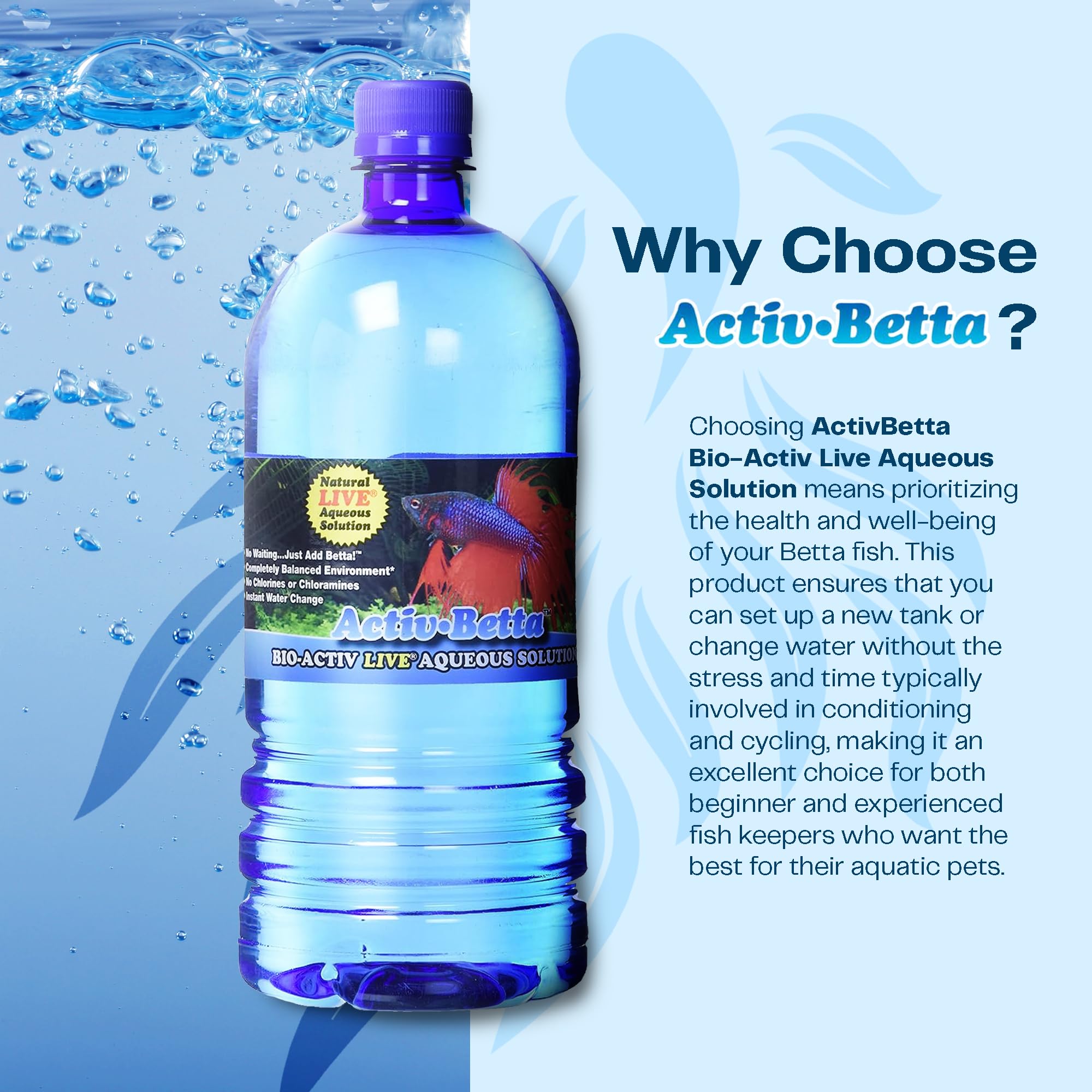 Activ Betta Water aquarium setup highlights clear water and ready-to-add fish.