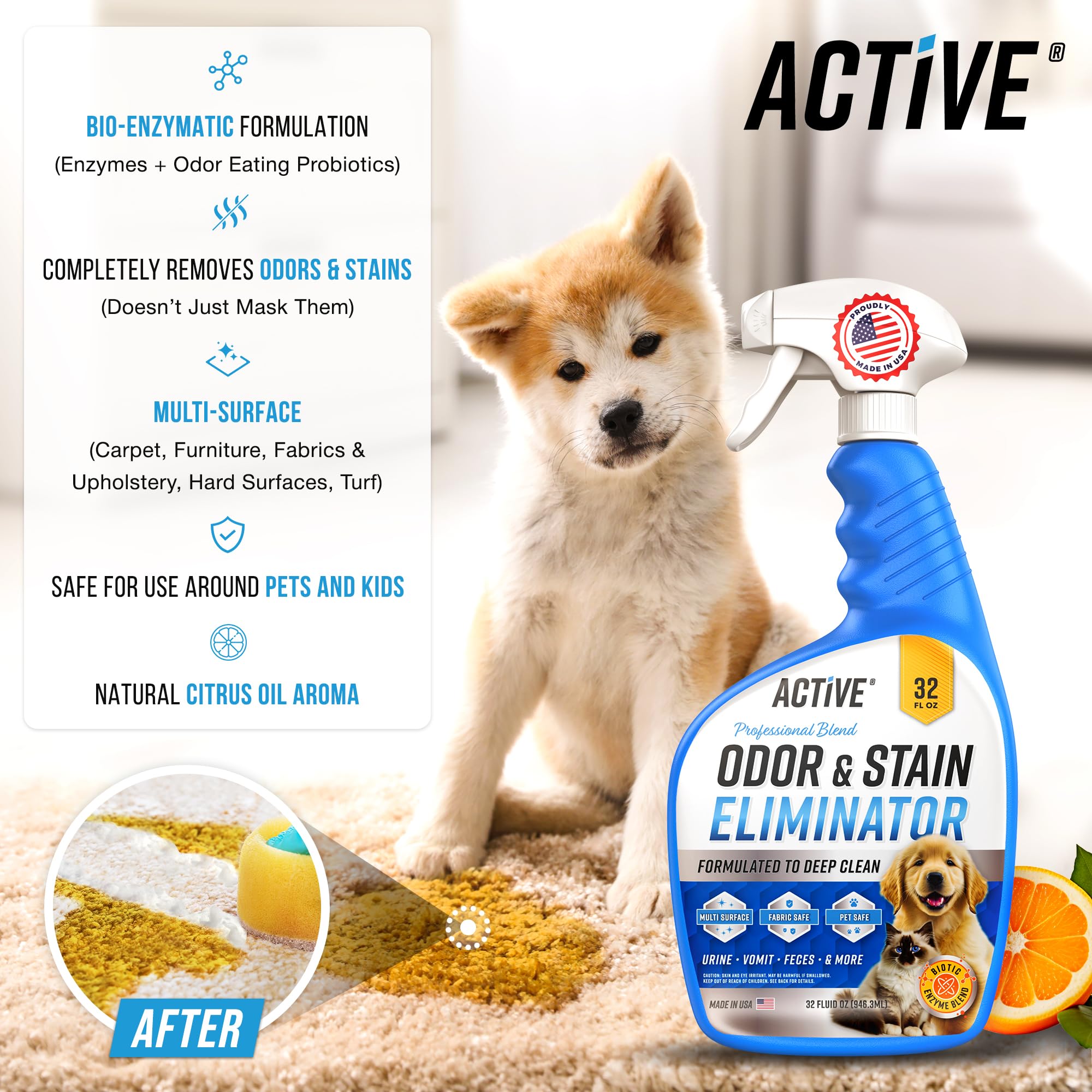 ACTIVE enzyme cleaner used on puppy accidents to remove odors from carpet and upholstery.
