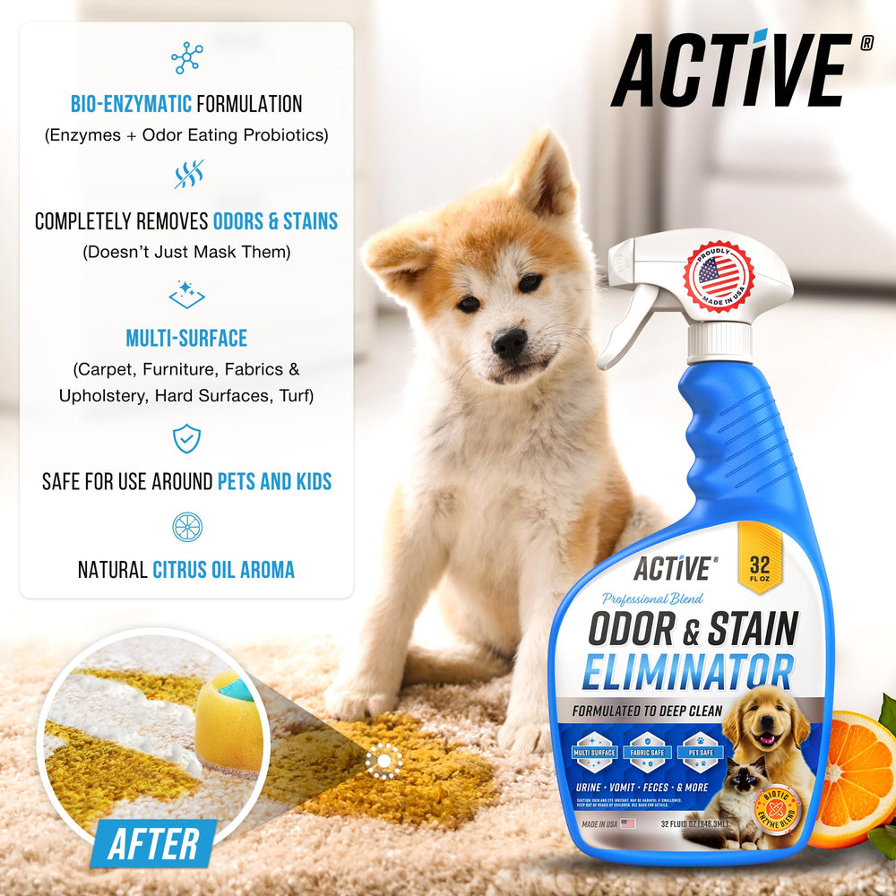 ACTIVE enzyme cleaner used on puppy accidents to remove odors from carpet and upholstery.