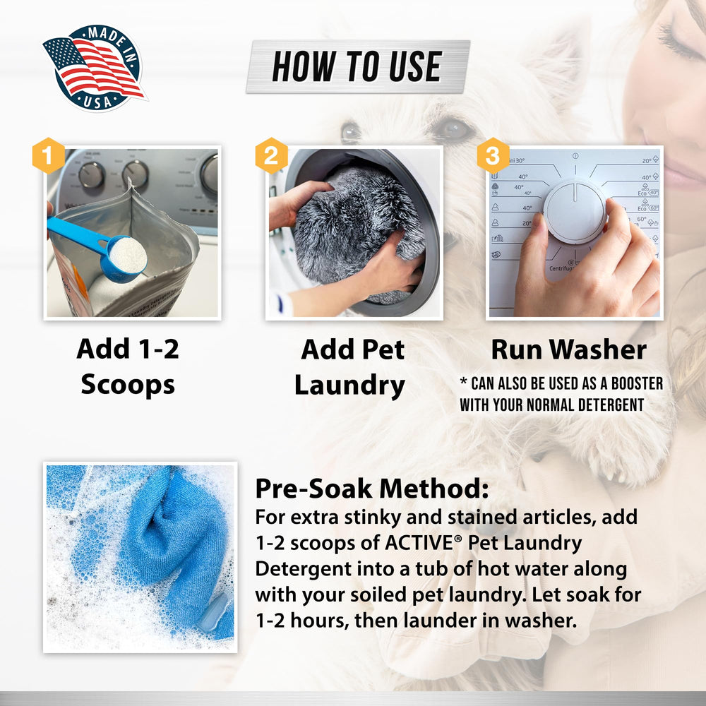 ACTIVE Pet Detergent 64-load value pack promises long-lasting pet laundry coverage.