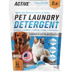 ACTIVE Pet Detergent powder bag demonstrates enzyme-powered odor elimination for pet laundry.