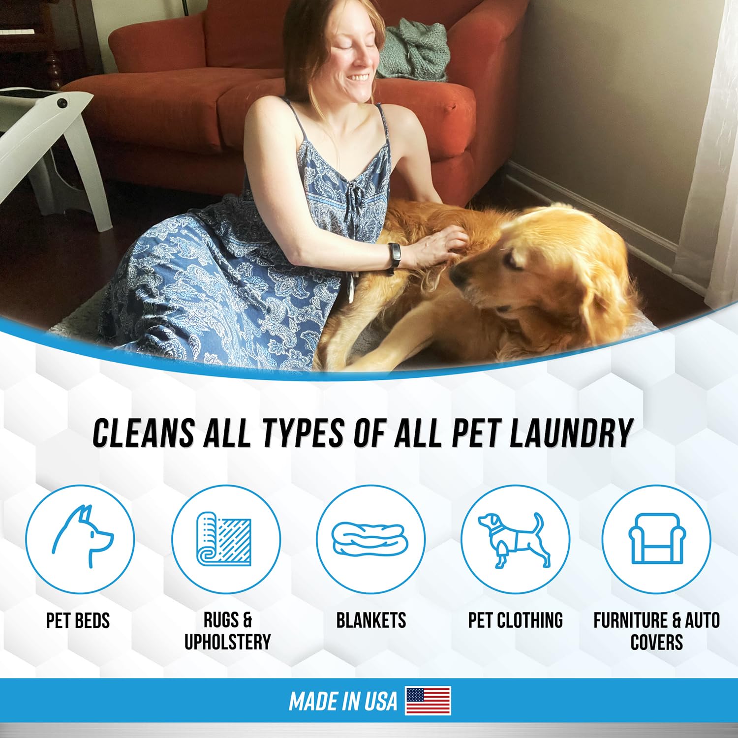 ACTIVE Pet Detergent powder with pet bed image emphasizes stain and odor elimination.