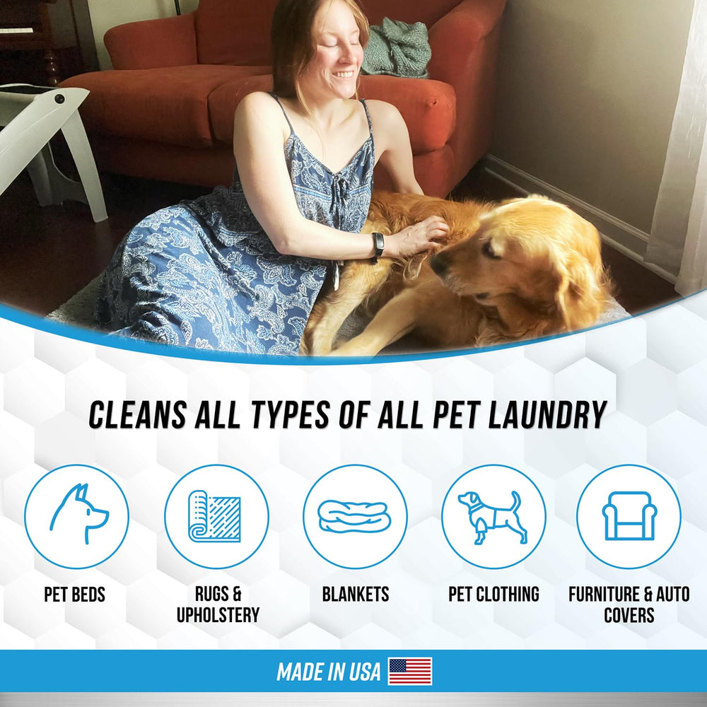 ACTIVE Pet Detergent powder with pet bed image emphasizes stain and odor elimination.