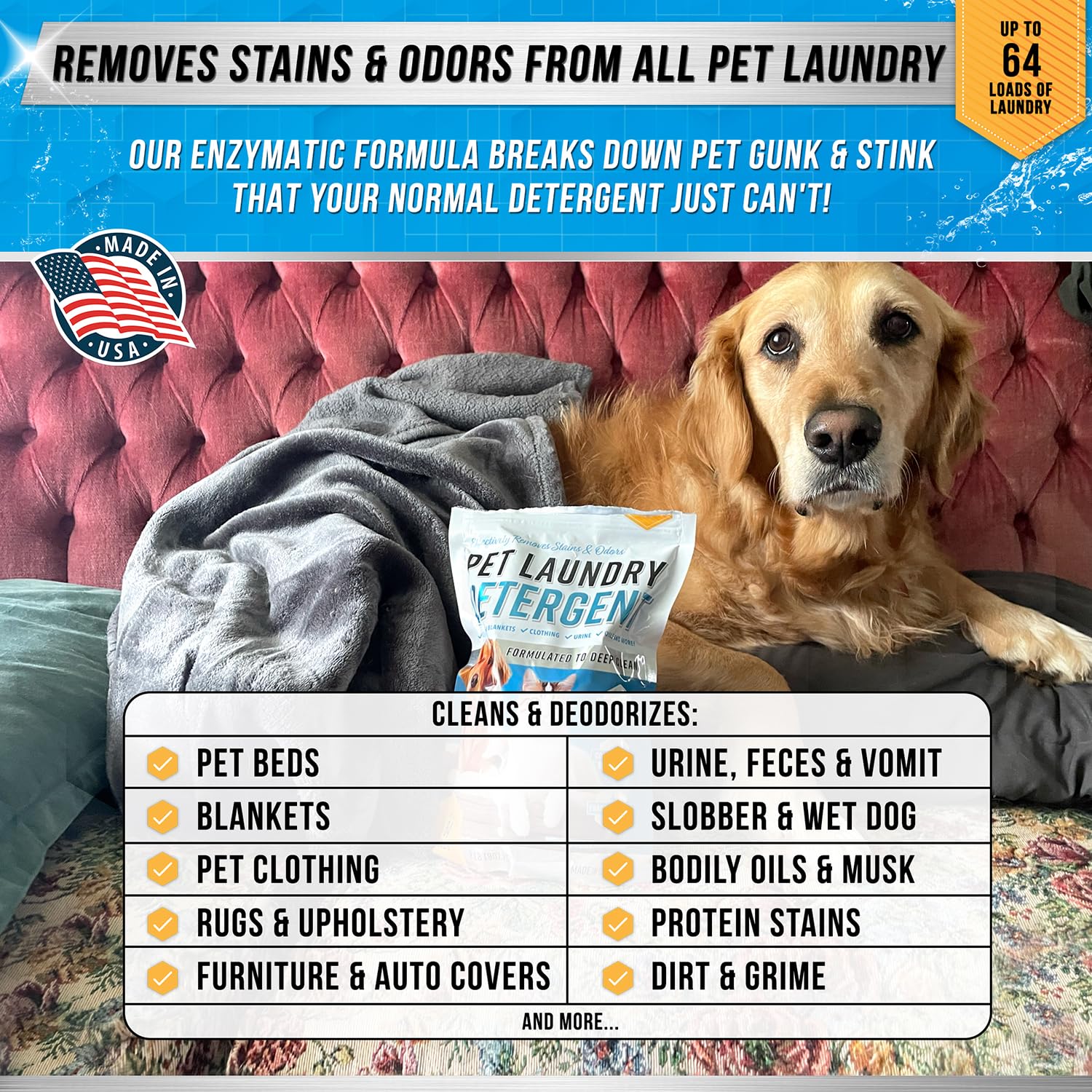 ACTIVE Pet Detergent scoop shows precise dosing for consistent stain removal.