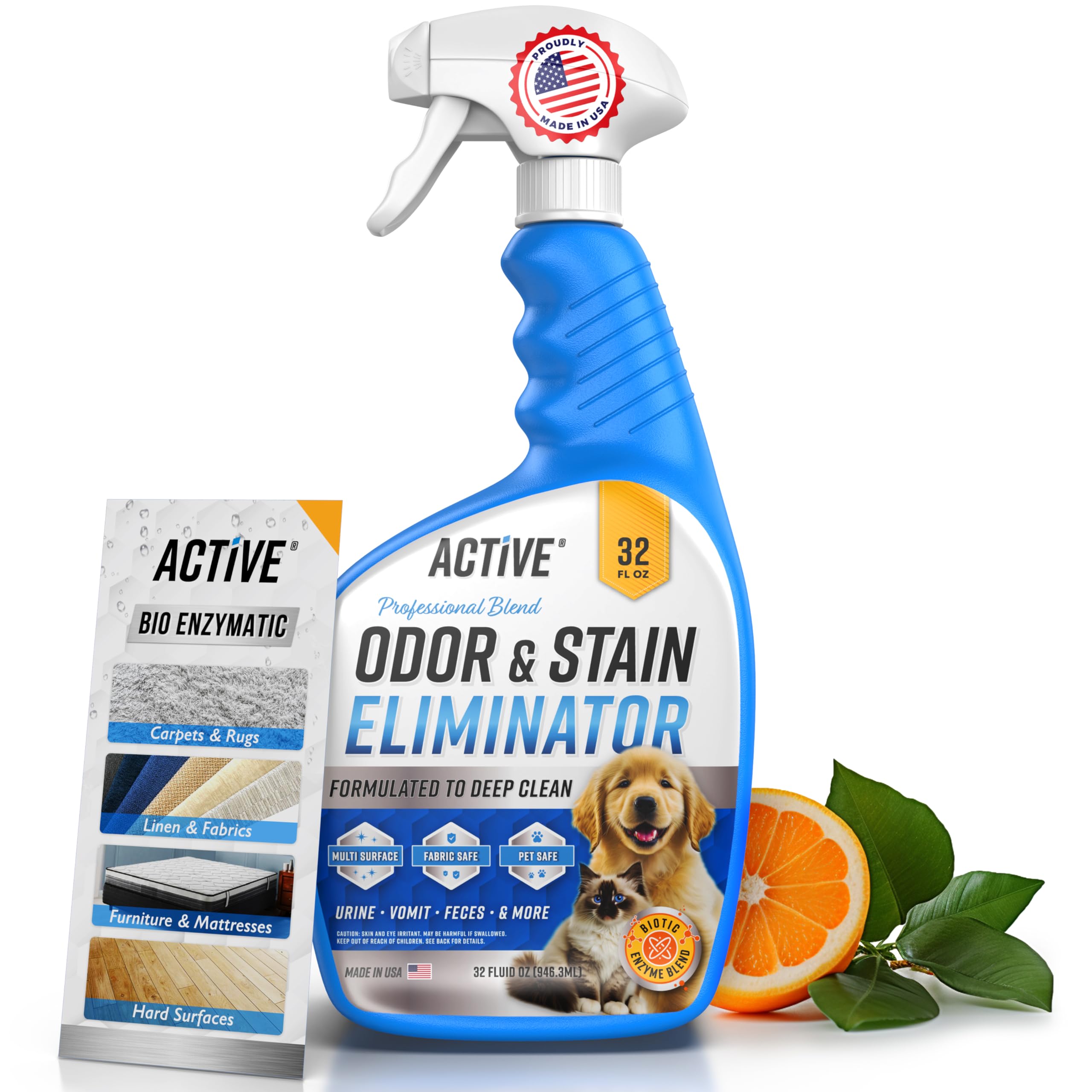 ACTIVE Pet Odor Eliminator 32oz spray bottle for fast stain removal and citrus deodorizing.