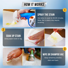 ACTIVE Pet Odor Eliminator applied to couch stains for deep cleaning and fresh fragrance.