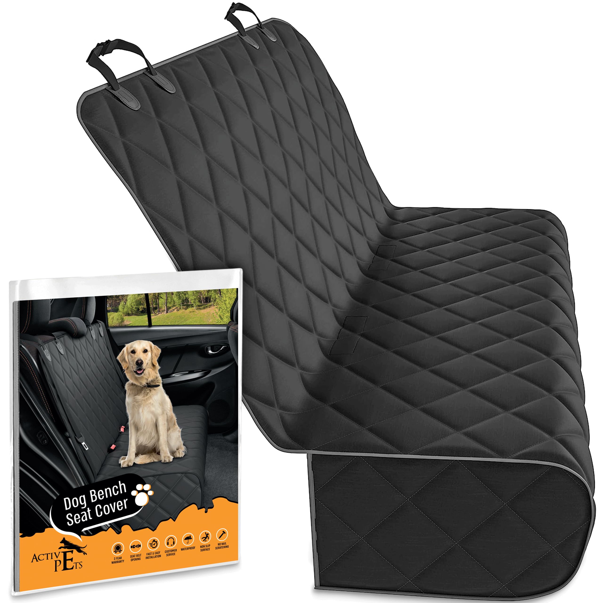 Active Pets backseat cover front view protecting seats from mud and fur during car trips.