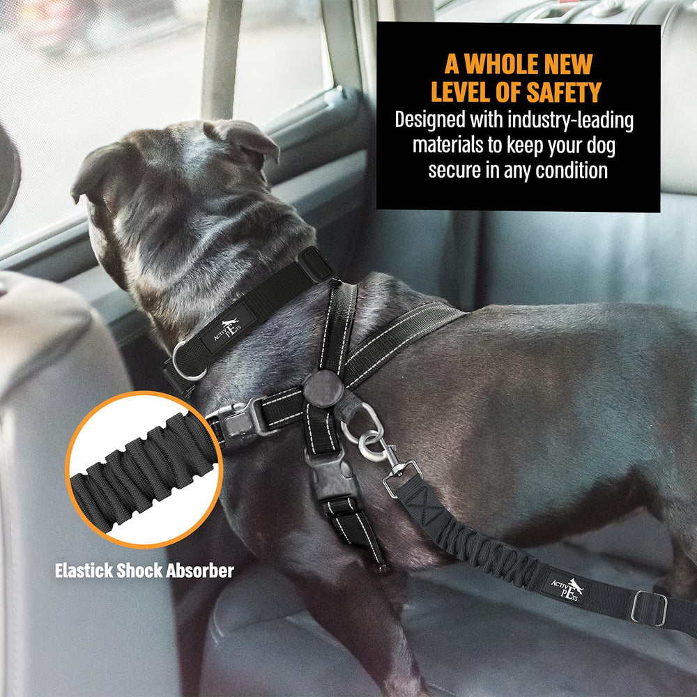 Active Pets dog seatbelt elastic bungee cushions shocks and keeps movement controlled.